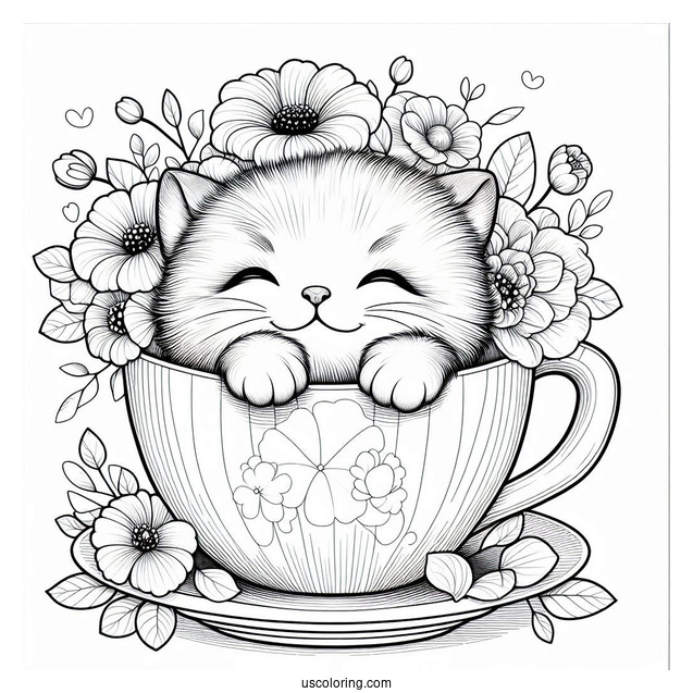 Coloring Page Of Realistic Cat Inside Teacup