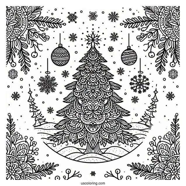 Christmas Tree Surrounded By Snow And Mistletoe Christmas Mandala Coloring Page