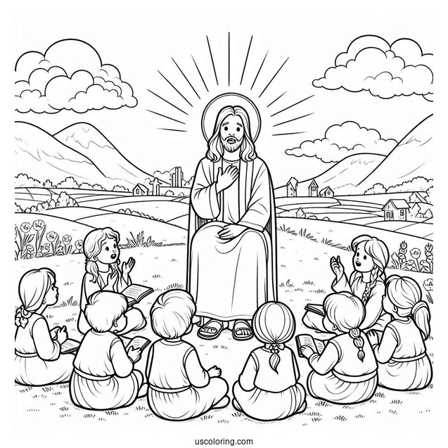 Boys And Girls Listening To Jesus Coloring Page