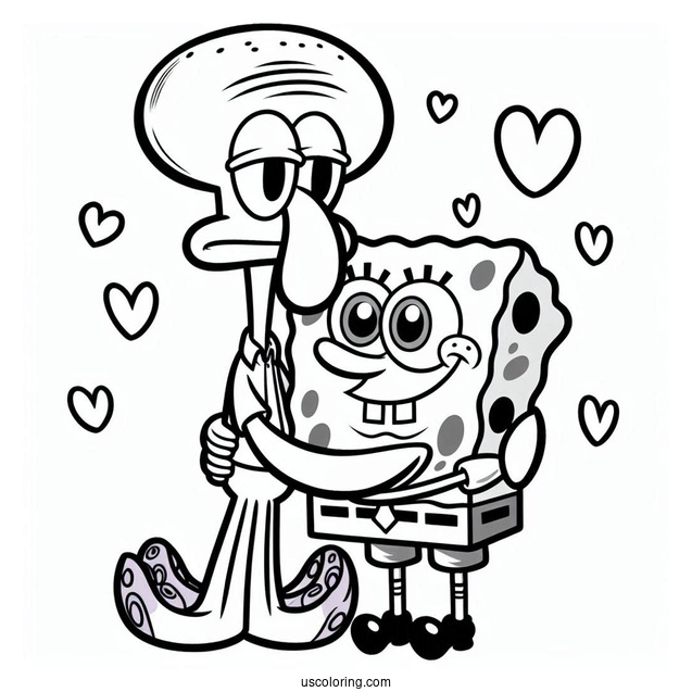SpongeBob Hugging Squidward Coloring Page