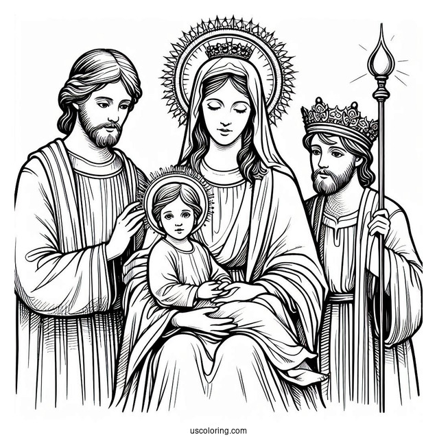 Virgin Mary With Jesus And Three Kings Coloring