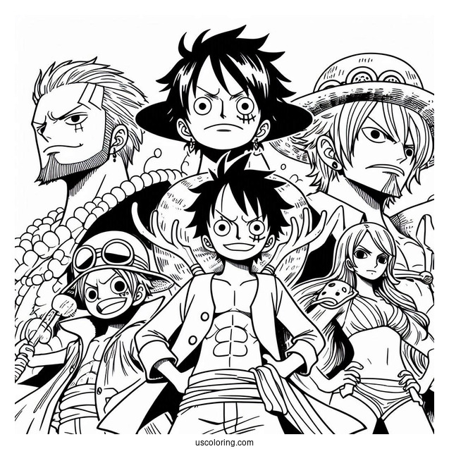 One Piece Coloring Page Of Luffy, Zoro, Sanji, Usopp, And Nami For Kids