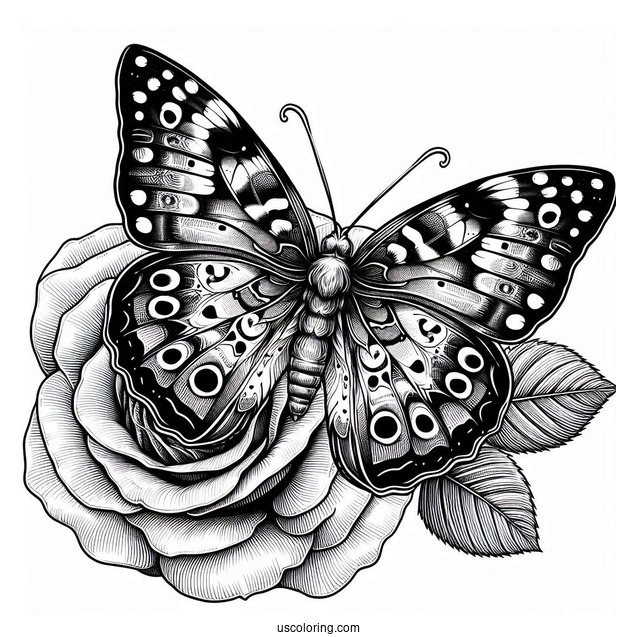 Realistic Butterfly Coloring Page On A Large Rose