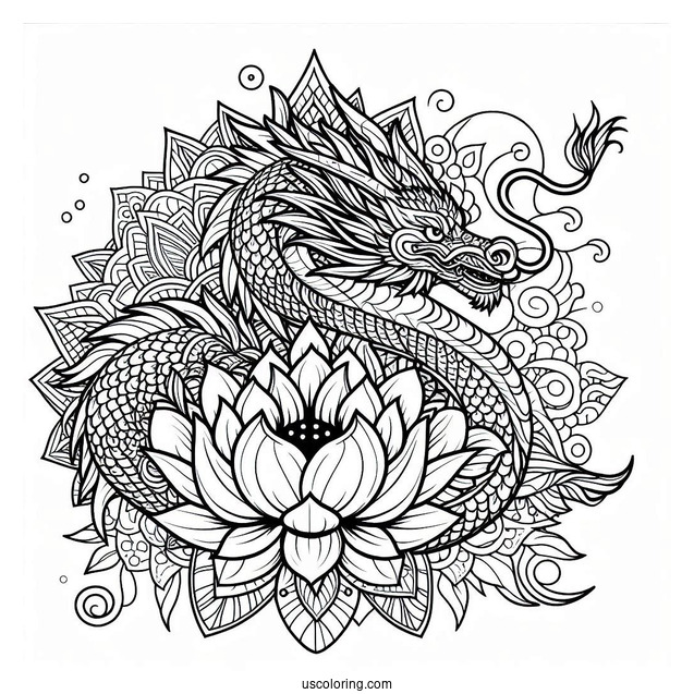 Dragon Behind A Flower Mandala Coloring Page
