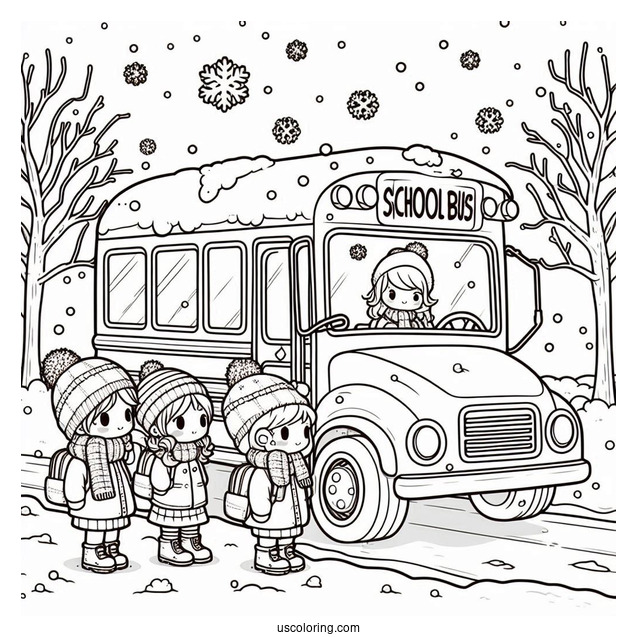 Cute Children Waiting For School Bus Coloring Page In The Snow