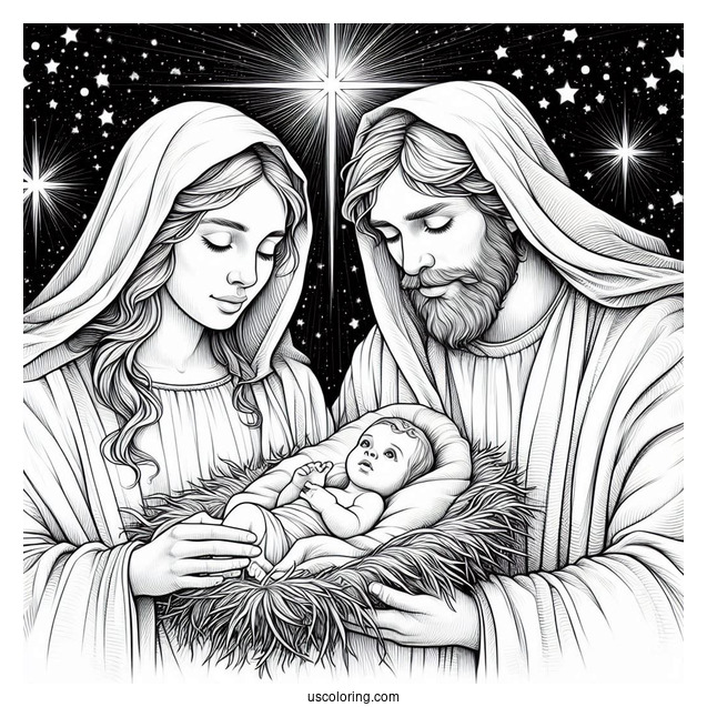 Nativity Coloring Page Of Realistic Mary, Joseph, And Baby Jesus With Starry Background