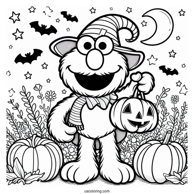 Halloween Themed Elmo Holding a Pumpkin To Color