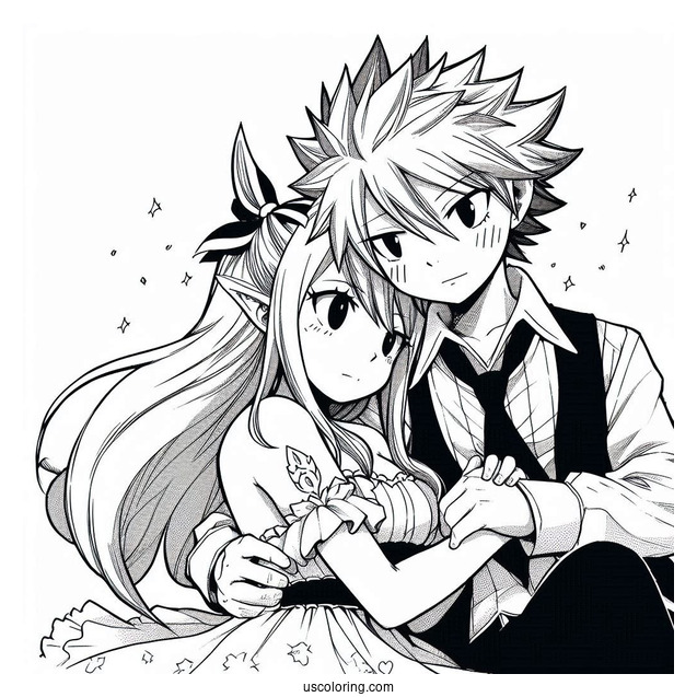 Manga Coloring Page Of Cute Fairy Tail Natsu And Lucy Cuddling