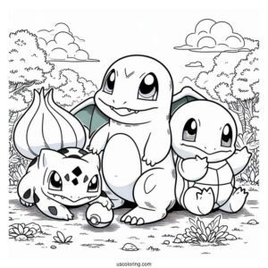 Bulbasaur Coloring Page Playing With Charmander And Squirtle