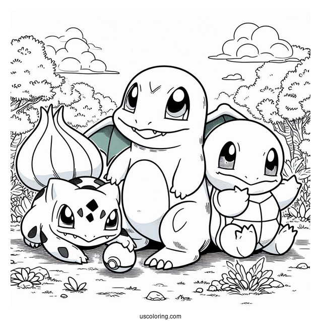 Bulbasaur Coloring Page Playing With Charmander And Squirtle