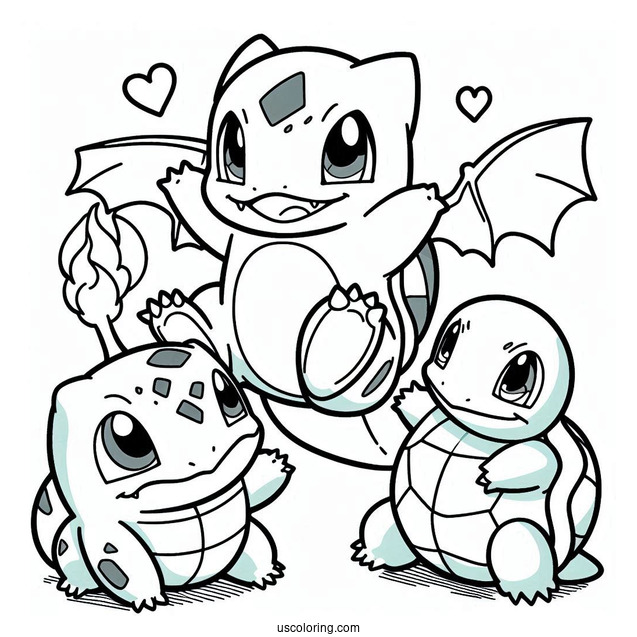 Bulbasaur Coloring Page Playing With Charmander And Squirtle