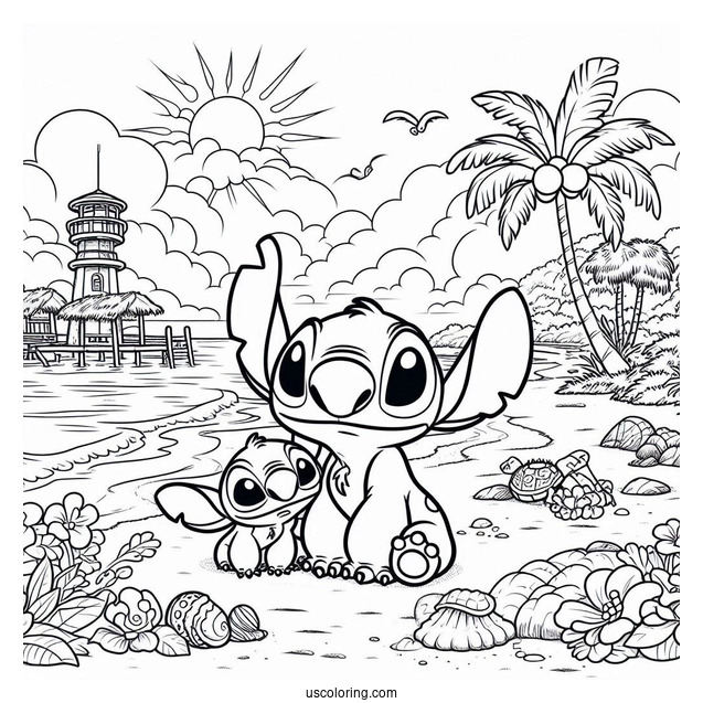 Coloring Page Of Lilo And Stitch On Beach With Jumba And Pleakley