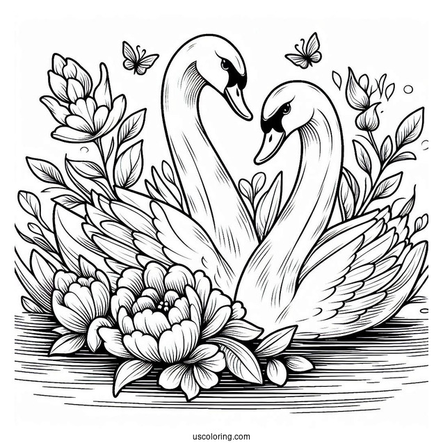 Two Adults Swan Coloring Page Swimming