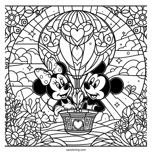 Mickey And Minnie Mouse On A Hot Air Balloon Stained Glass Coloring Page