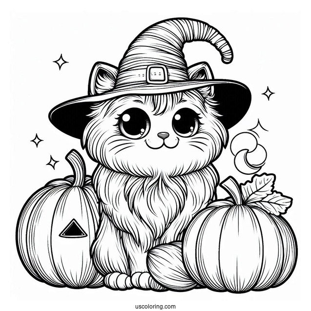 Cat Pumpkin Coloring Page Wearing A Witch Hat