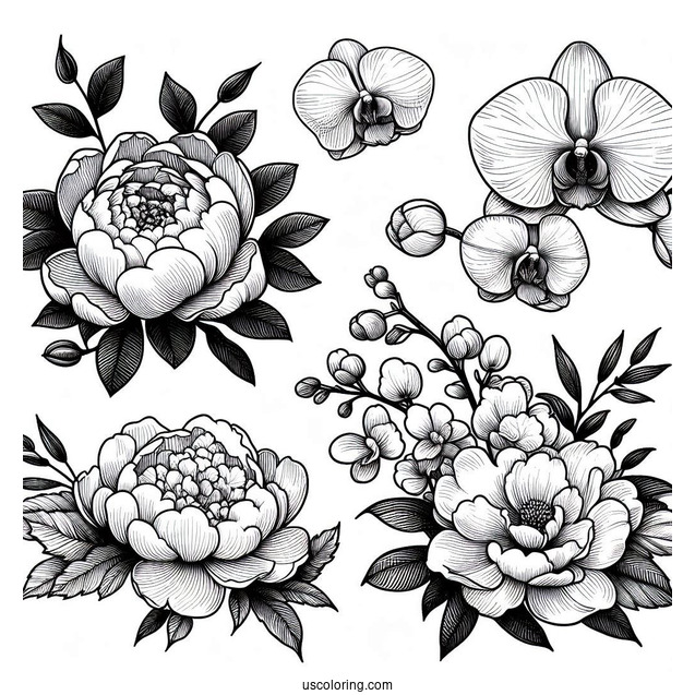 Flower Coloring Pages Of Classic White Peony, Orchid, Hydrangea, And Magnolia