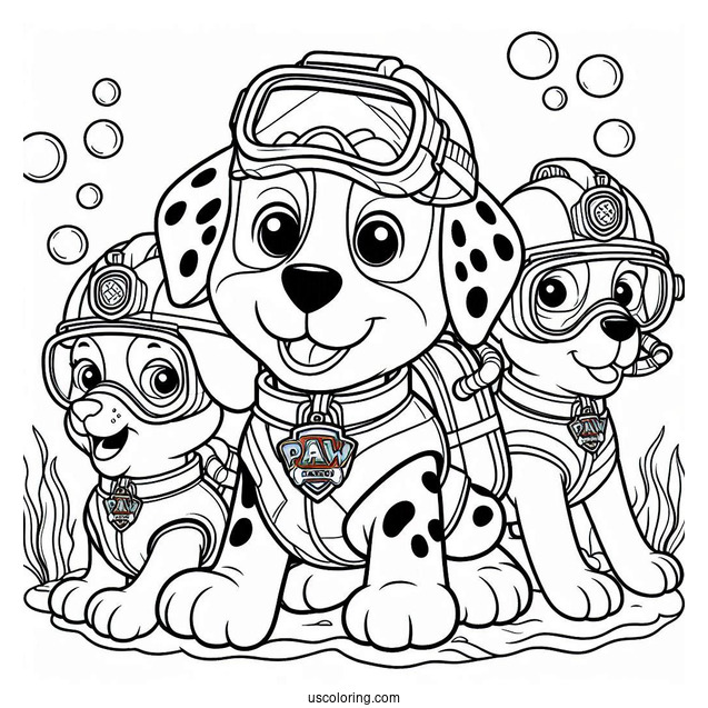 Paw Patrol Dogs Scuba Diving Coloring Page