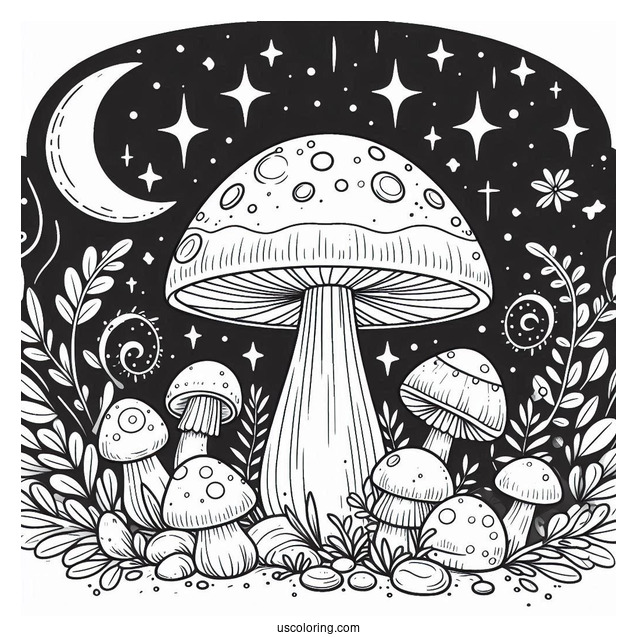 Large Mushroom Coloring Page With Other Plants Under The Night Sky