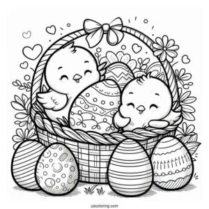 Happy Easter Coloring Page With Chicks And Eggs In Basket
