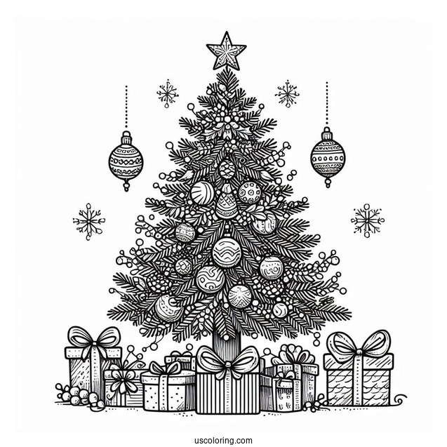 Christmas Tree With Presents And Ornaments To Color