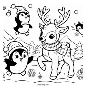 Reindeer Having Fun With Penguins To Color