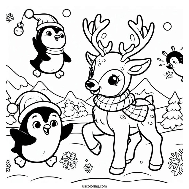 Reindeer Having Fun With Penguins To Color
