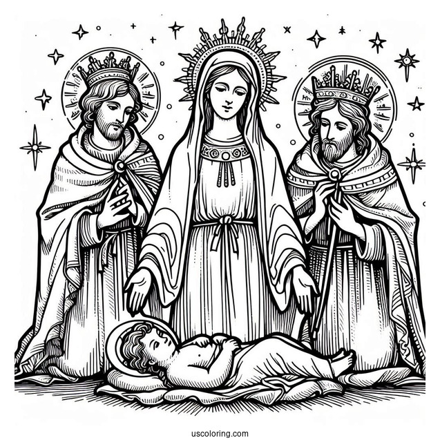 Virgin Mary With Jesus And Three Kings Coloring
