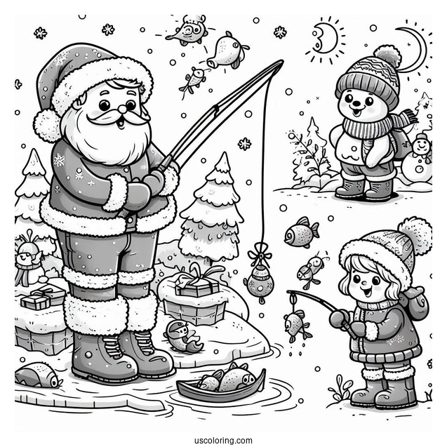 Children Ice Fishing In The North Pole Coloring Page For Kids