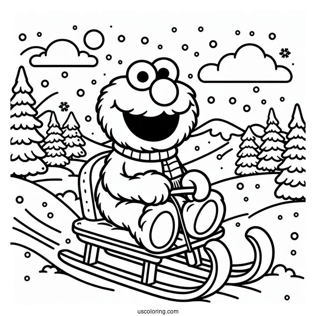 Elmo Riding a Sled During Winter To Color