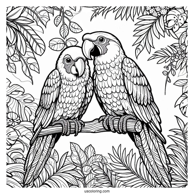 Two Macau Parrots In The Jungle Coloring Page
