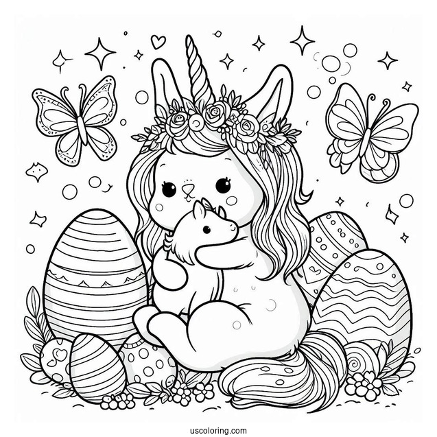 Easter Coloring Page Of Bunny With A Unicorn Surrounded By Easter Eggs