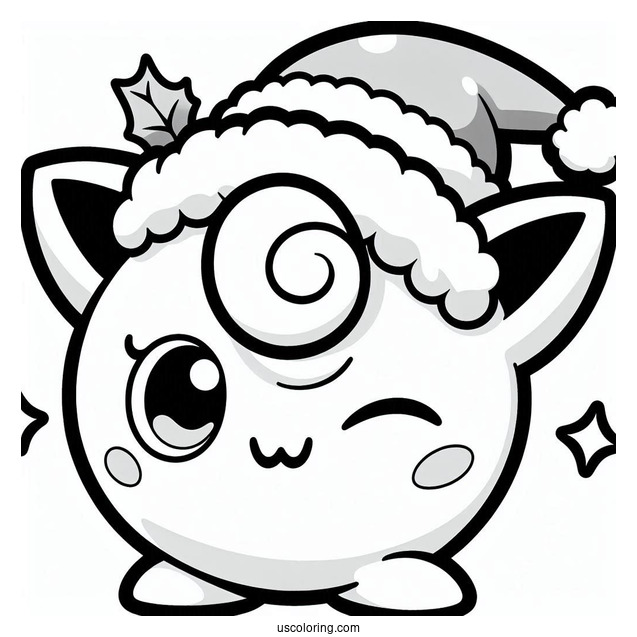 Pokemon Christmas Coloring Page Winking Jigglypuff Wearing Santa Hat For Kids