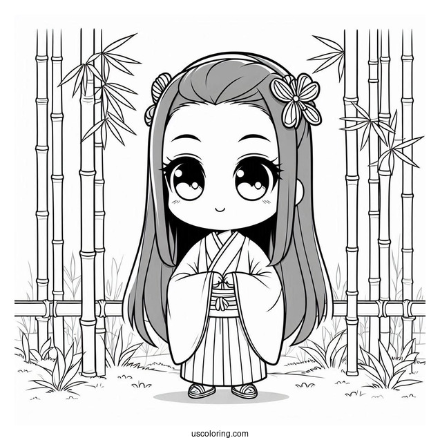 Chibi Nezuko Coloring Page In Bamboo Forest For Preschoolers