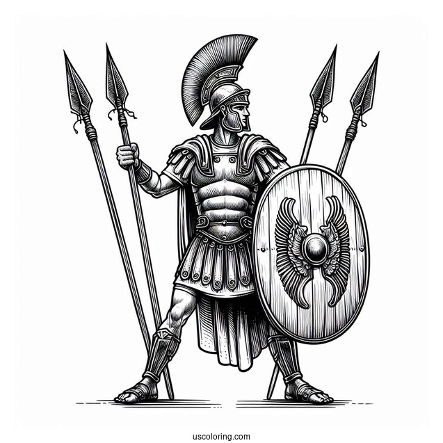 Realistic Roman Soldier Coloring Page With Shield And Spears