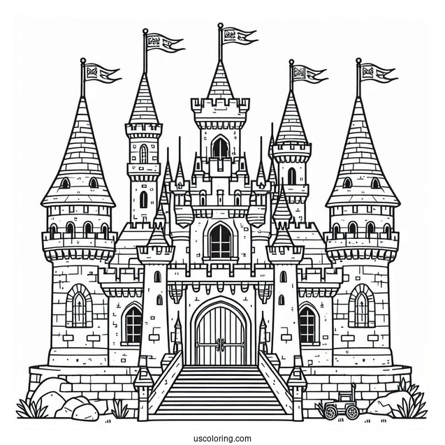 Simple Outline Of Castle Coloring Page With Flags For Kids