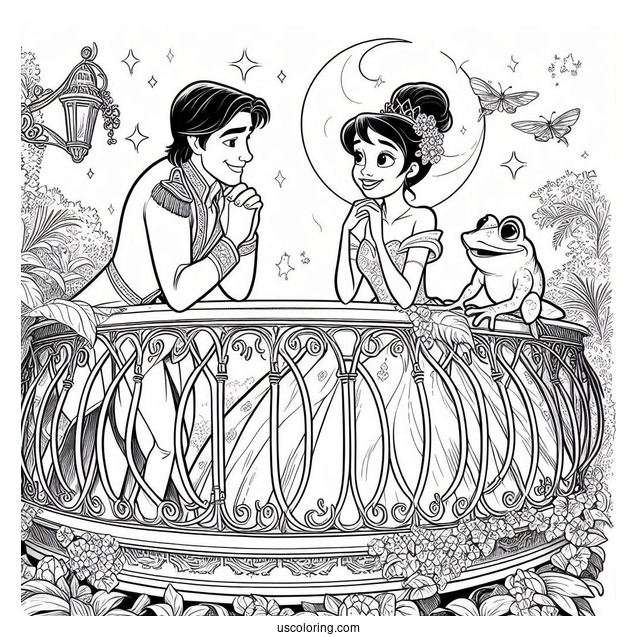 Tiana, Ray, And Frog Prince Naveen On Balcony Coloring In
