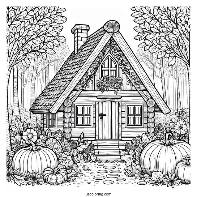 Cottagecore Pumpkin Coloring Page House In The Forest