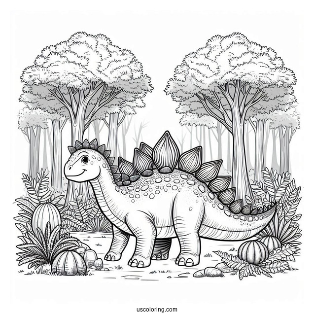 Realistic Stegosaurus Coloring Page In The Forest