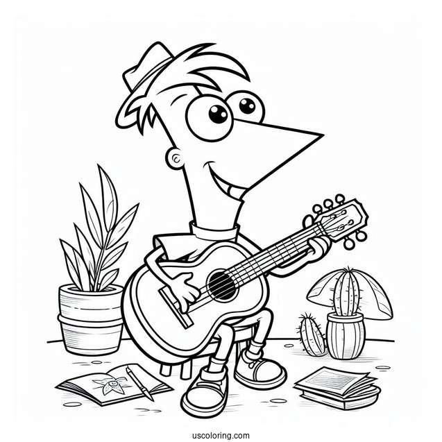 Ferb Phineas And Ferb Coloring Page Playing The Guitar