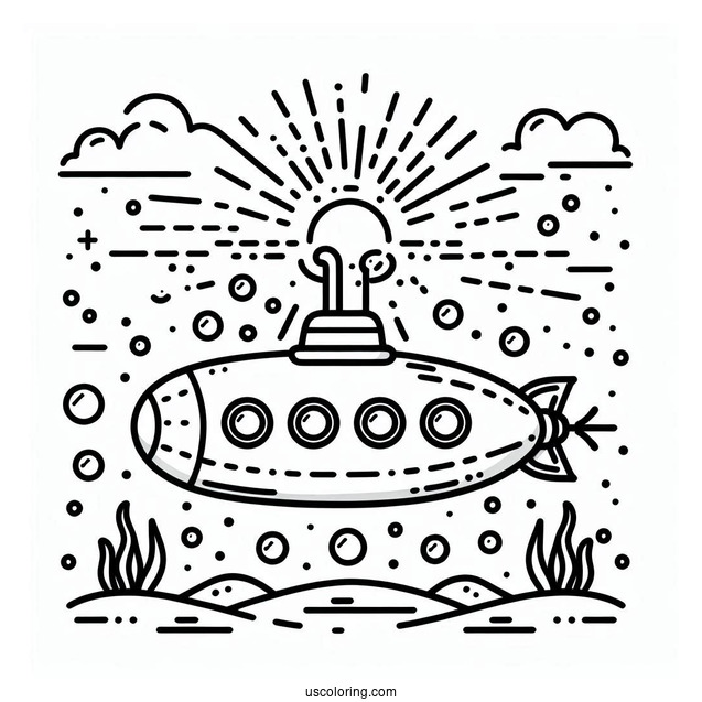 Simple Submarine Coloring Page Outline With Sun Rays And Bubbles