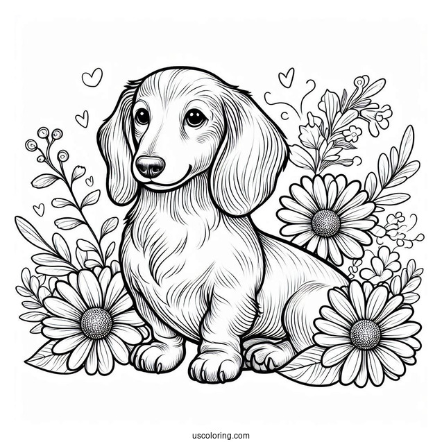 Dachshund Coloring Page Sitting With Flowers