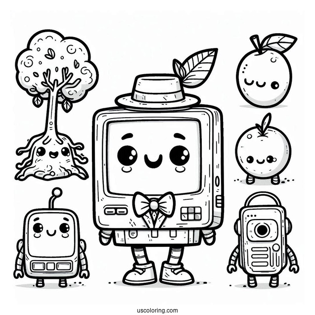 Sprunki Coloring Page Of Mr. Fun Computer, Tree, Simon, Orange, Fun Bot, Clukr, And Raddy