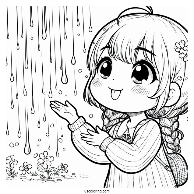 Little Girl Sticking Tongue Out To Catch Rain Coloring Page