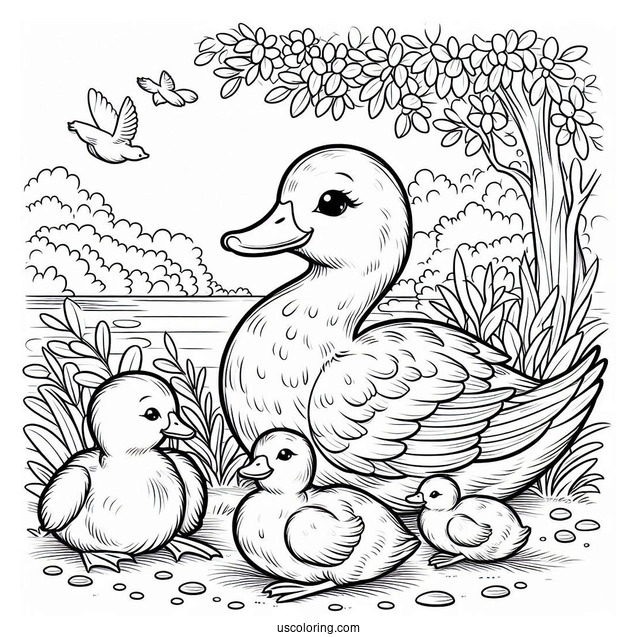 Duck Family Resting Near the Water Coloring Sheet