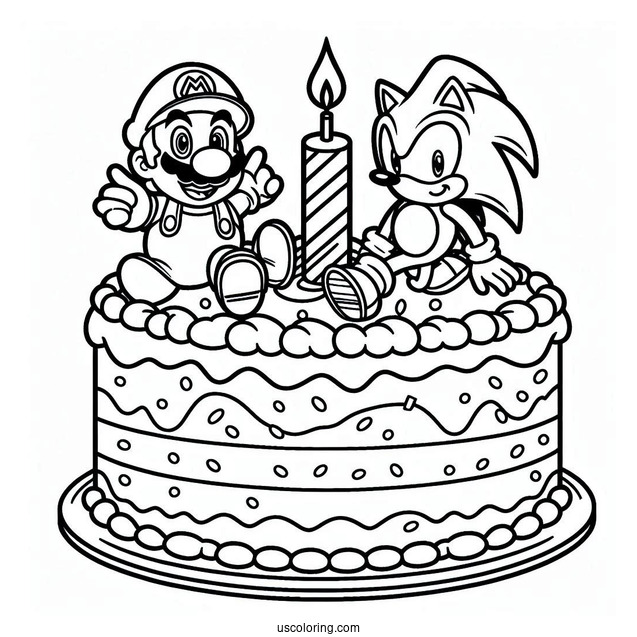 Mario And Sonic Birthday Cake Coloring In For Kids