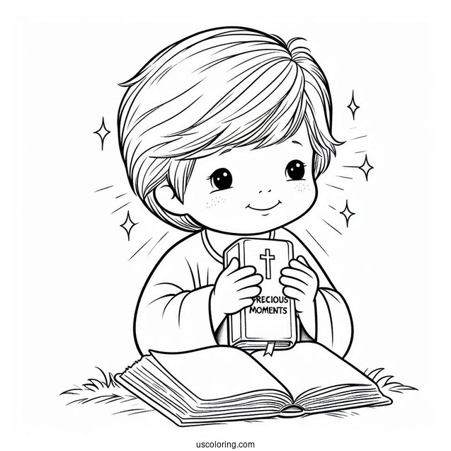 Easy Precious Moments Coloring Page Of Boy Holding Bible