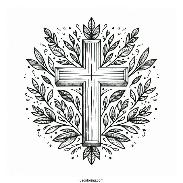 Fantasy Cross Coloring Page Framed With Lovely Leaves