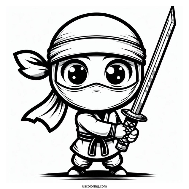 Easy Chibi Ninja With A Sword Coloring Page For Preschoolers