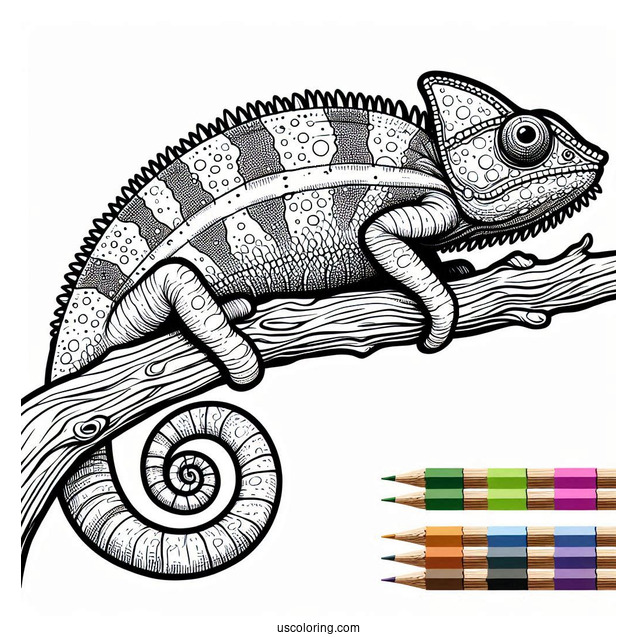 Chameleon Lizard Coloring Page On Edge Of Stick Coloring Sheet