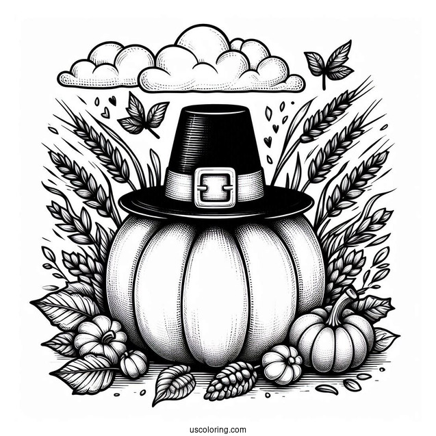 Pumpkin Coloring Page With Pilgrim's Hat, Fall Leaves, And Wheat